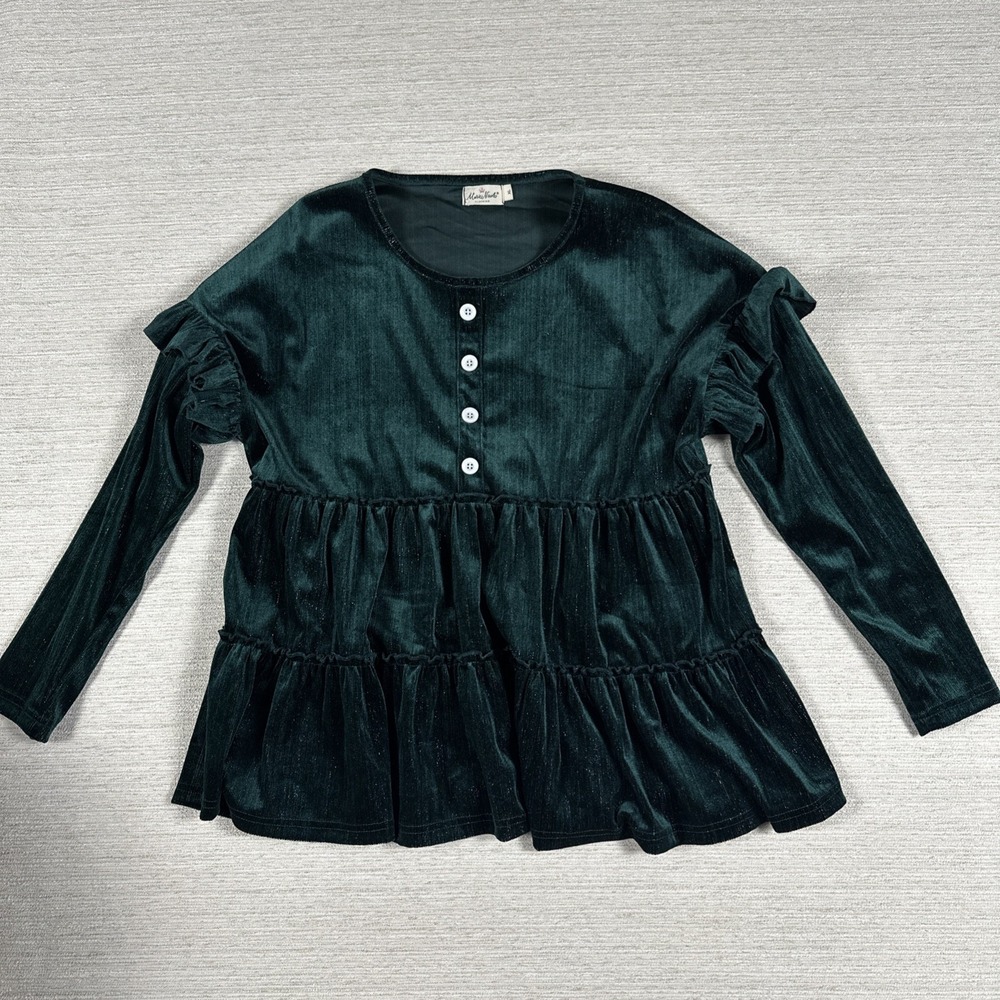 Marie Nicole Green Velvet Babydoll Peplum Top XL Ruffle Sleeve Cottagecore Boho